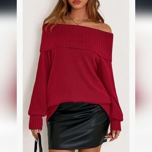 Off The Shoulder Ribbed Details Loose Fit Sweater In Red, Size Large